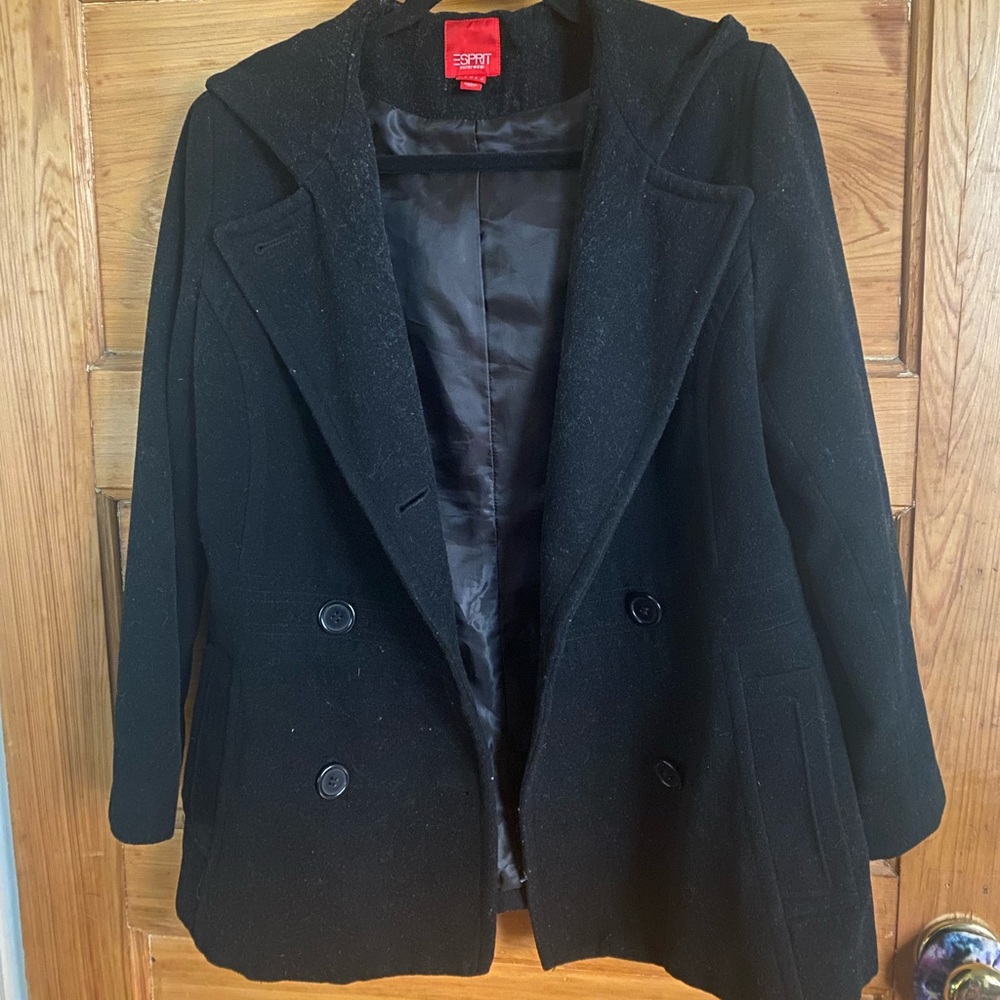 Esprit Black Wool double-breasted coat with hood